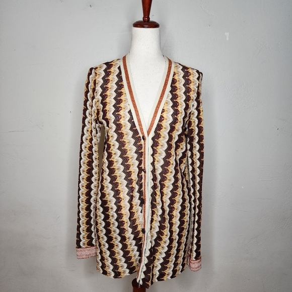 Anna Sui Zig Zag Metallic Knit V-Neck Cardigan Sweater Size Medium - Picture 1 of 15